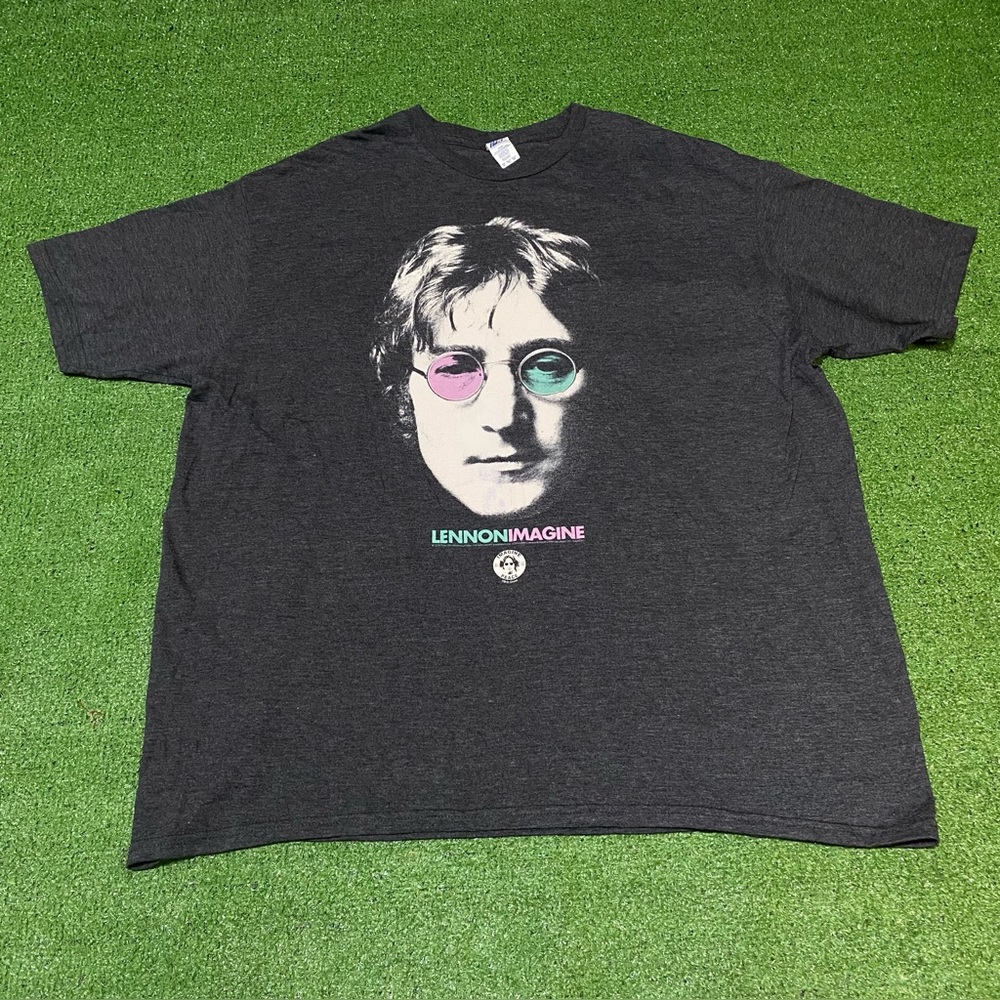 John Lennon Imagine T-Shirt Charcoal Grey Retro Pink & Teal Portrait Graphic 2XL